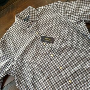 Polo Ralph Lauren Shirt Mens Large Brown Plaid Classic Fit Cotton Stretch Long